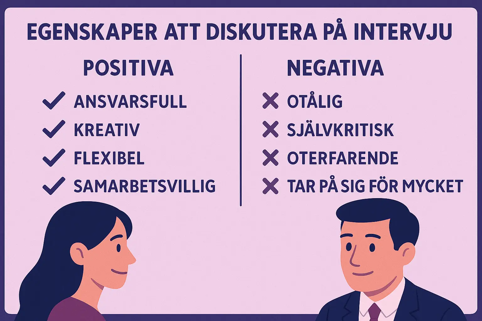 Infografik som visar exempel på positiva och negativa egenskaper att diskutera på intervju.