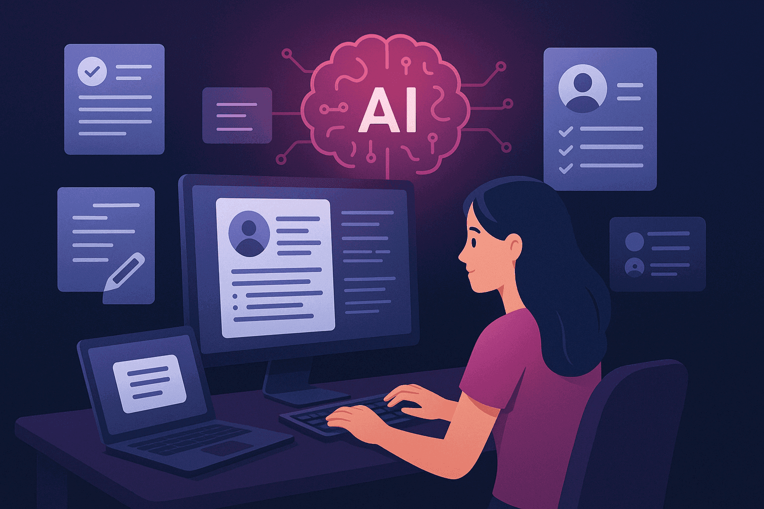 Illustration som visar hur jobbcoach.ai fungerar som en digital jobbcoach med AI-driven analys och generering av CV och personligt brev.