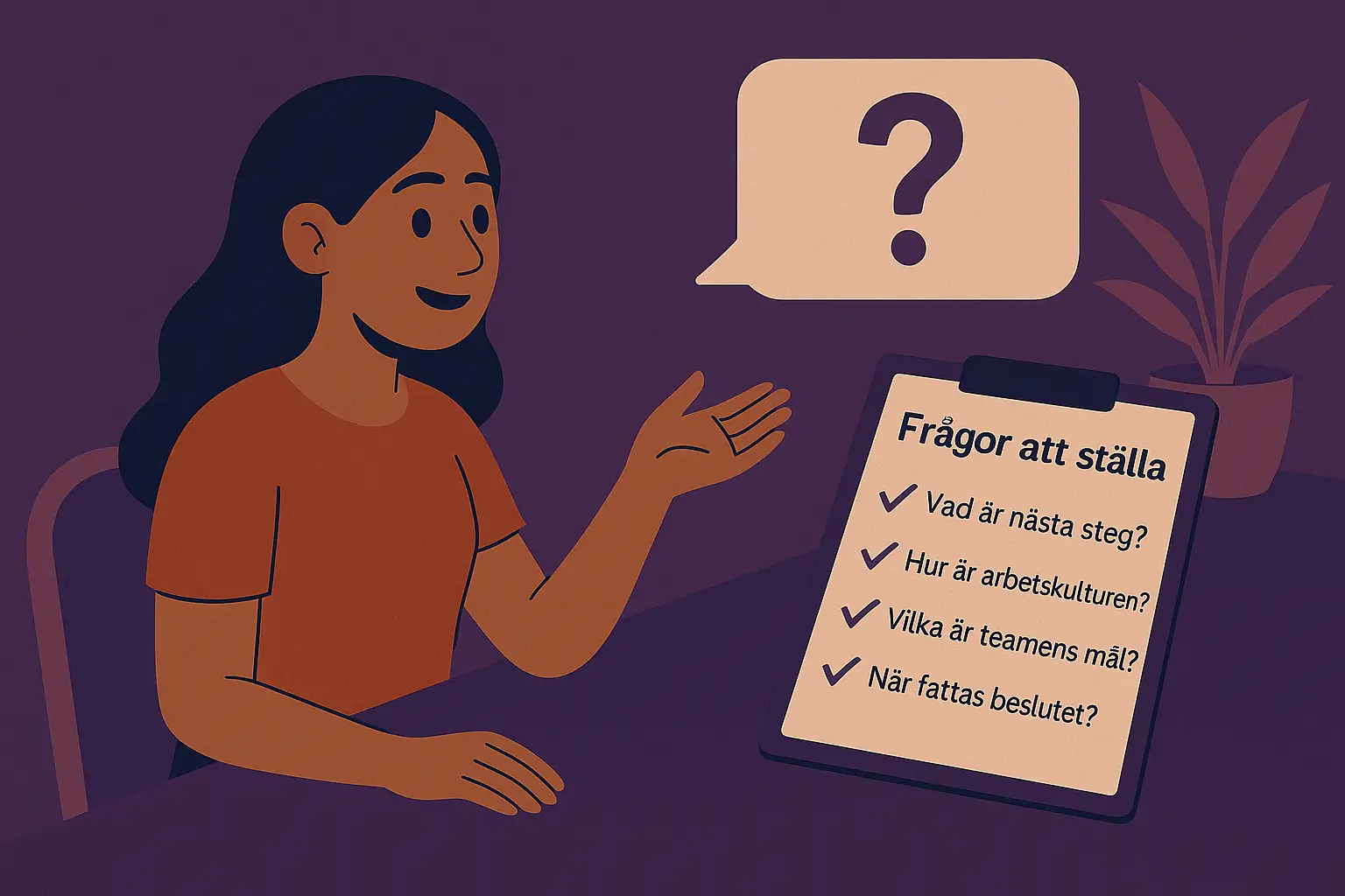 En stiliserad frågeikon och en checklista med exempel på frågor att ställa till arbetsgivaren.