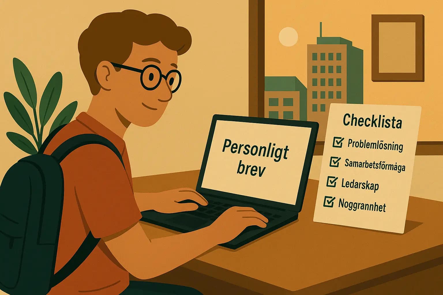 Lista med 'check marks' bredvid ord som 'Problemlösning', 'Samarbetsförmåga', 'Ledarskap', 'Noggrannhet'.