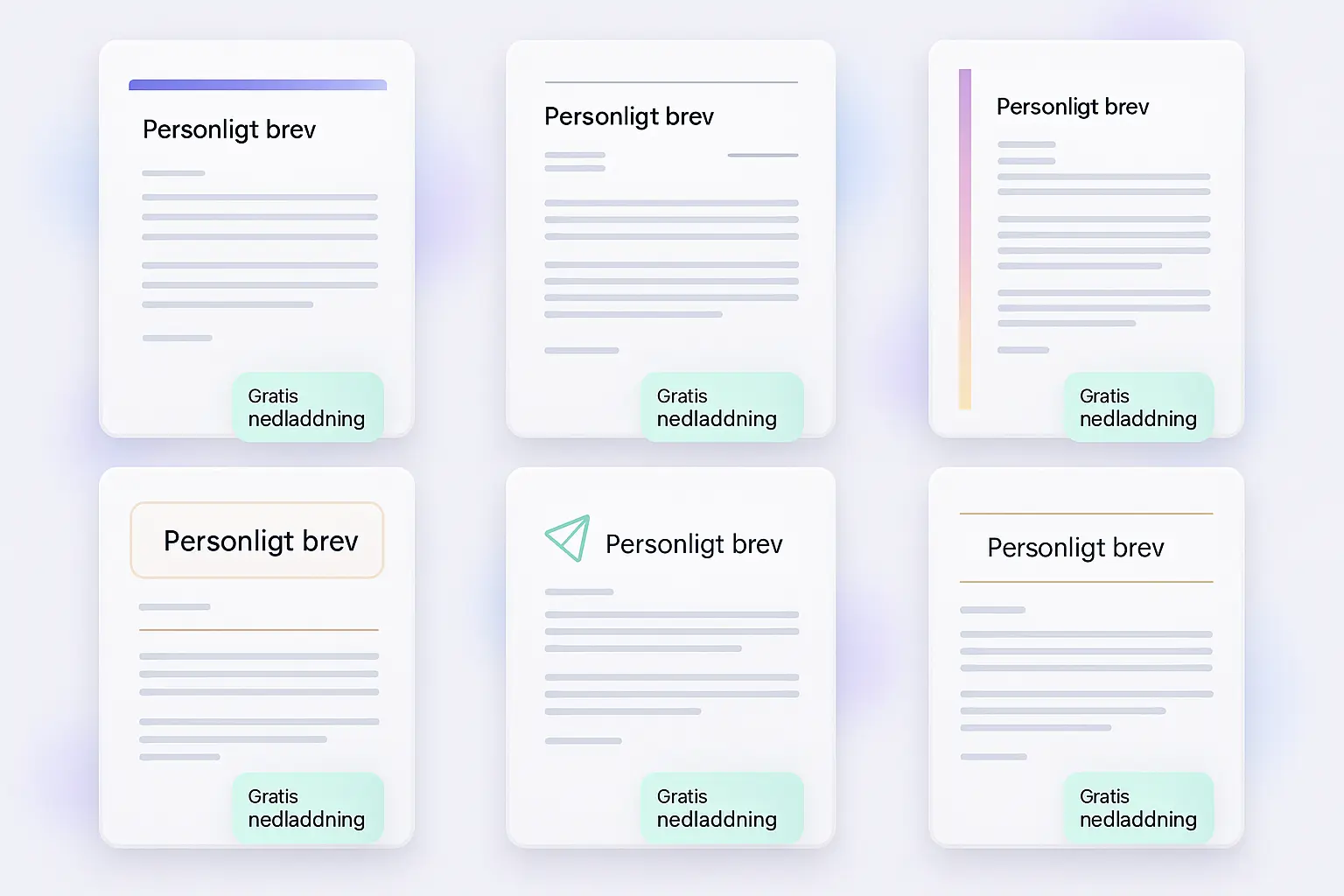 Galleri med sex olika Word-mallar för personligt brev: minimalistisk, professionell, modern, klassisk, kreativ och akademisk stil