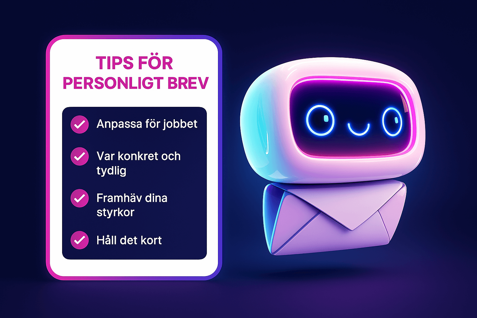 Illustration som visar en checklista med tips för personligt brev bredvid en AI-robot.